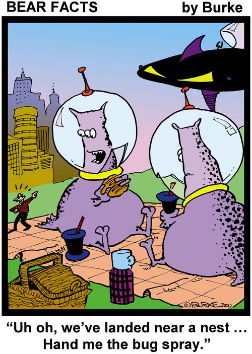 "Uh oh, we've landed near a nest ... Hand me the bug spray."