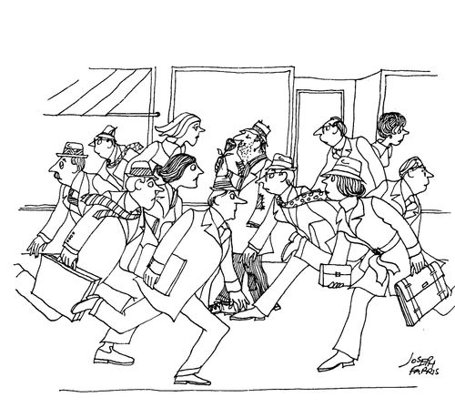 Men and women racing to get to work, while a tramp stands in the middle, contentedly smelling a flower.