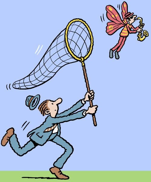 Man trying to catch a saxophonist with butterfly wings.