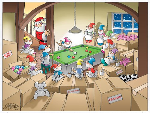 Elves playing snooker/Santa watching.