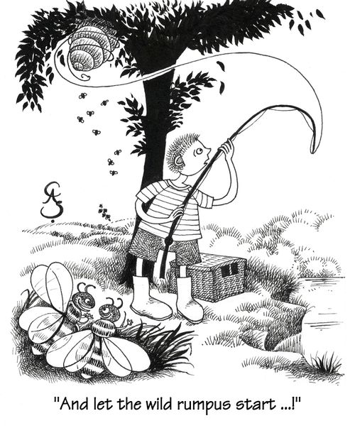 'Let the wild rumpus start!' - two wasps watch as an angler accidentally hooks wasps' nest.