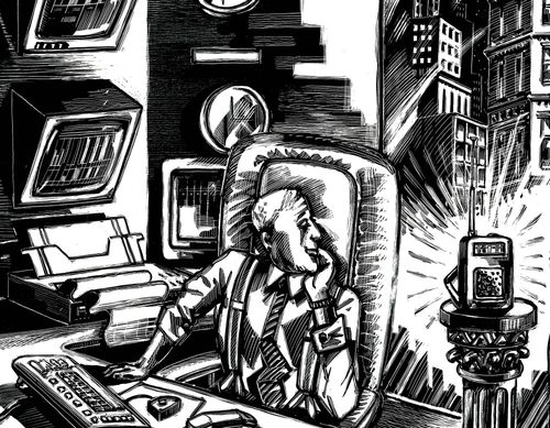 Man in office listening to portable radio.