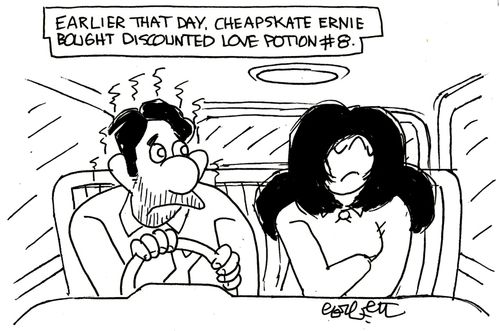 Earlier that day. Cheapskate Ernie bought discounted love potion 8.