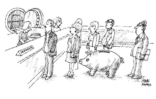 Piggy bank queuing at the bank. 