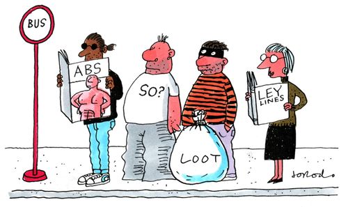 People in bus queue spell out Abs So Loot Ley.