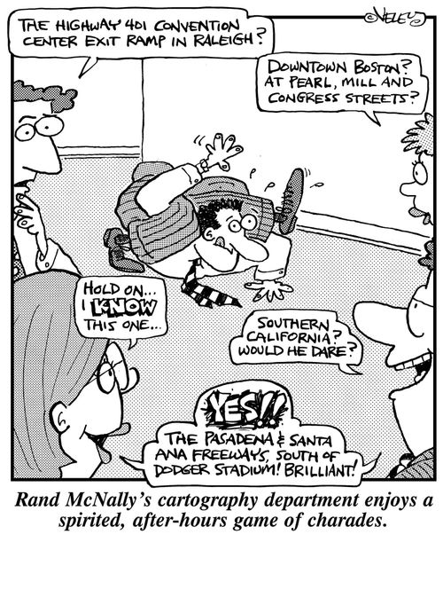 Rand McNally's cartography department enjoys a spirited, after-hours game of charades.