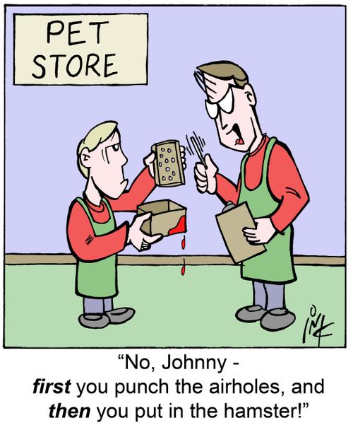 'No, Johnny - first you punch the airholes, and then you put in the hamster!'