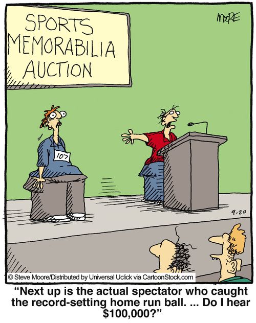 'Next up is the actual spectator who caught the record-setting home run ball. Do I hear $100,000?'