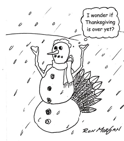 Turkey hiding in snowman wonders if Thanksgiving is over.