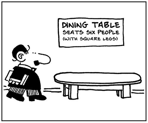 'Dining table. Seats six people, with square legs.'