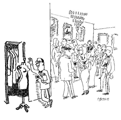 Man chats up a mannequin at a party.
