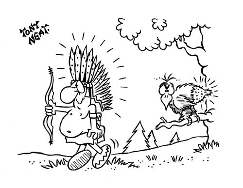 Red Indian takes feathers for headdress leaving an irritated bird behind.