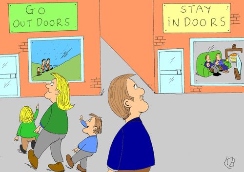 A family chooses between going outdoors and staying indoors.