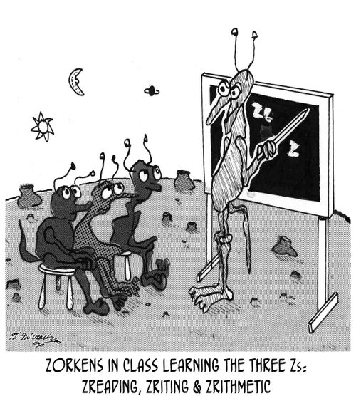 Zorkens in class learning the three Zs: Zreading, Zriting & Zrithmetic.