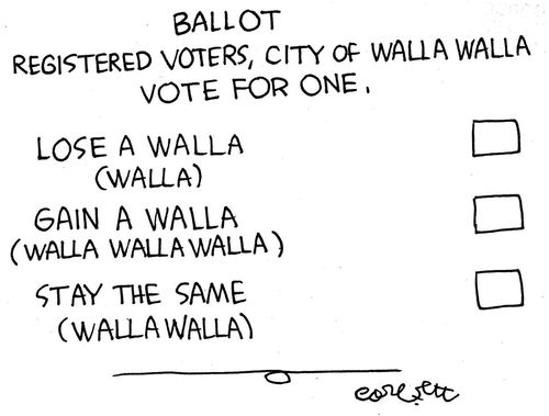 Ballot: Registered voters, city of Walla Walla vote for one, Lose a Walla (Walla), Gain a Walla (Walla Walla Walla), Stay the Same (Walla Walla).