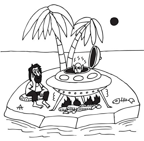 Man on desert island cooks an alien in his UFO.