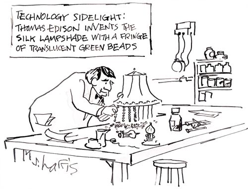 Technology sidelight: Thomas Edison invents the silk lampshade with a fringe of translucent green beads.'