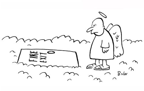 Angel sees FIRE EXIT sign on trap door in cloud.