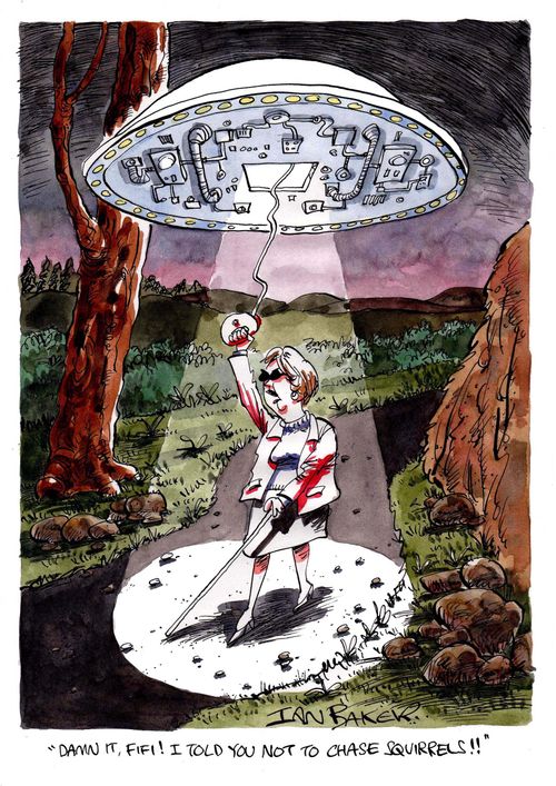 'Damn it Fifi! I told you not to chase squirrels!' (Blind woman being abducted by aliens).