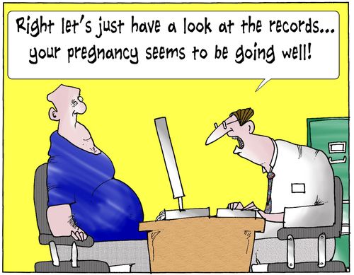 'Right let's just have a look at the records...your pregnancy seems to be going well.'
