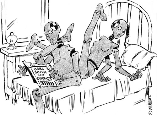 Test dummies holding 'Kama Sutra For Dummies' manual.