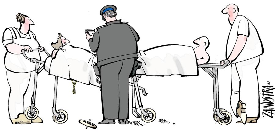 Policeman assessing crash between two gurneys.