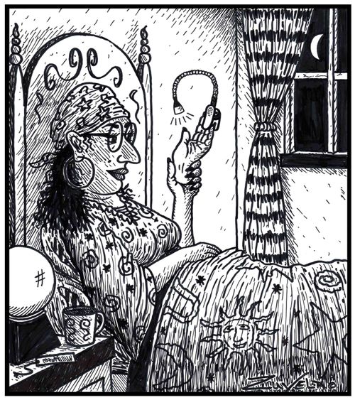 Visual Gag: A Palm reader reading the palm from someone elses hand with the aid of a battery powered night light