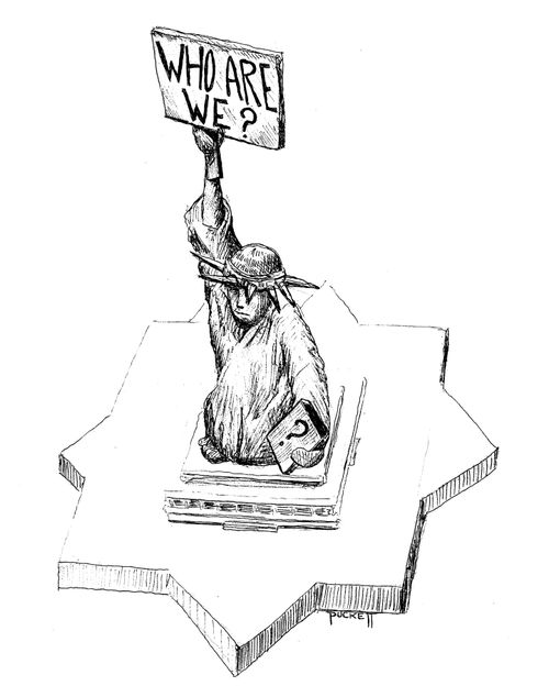 Statue of Liberty holds a sign up reads: Who are We?