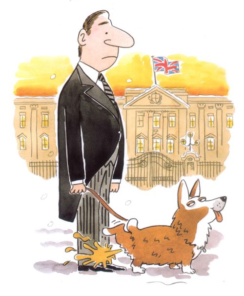 One of the Queen's corgis urinating on a butler.