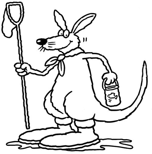 Kangaroo with fishing equipment.