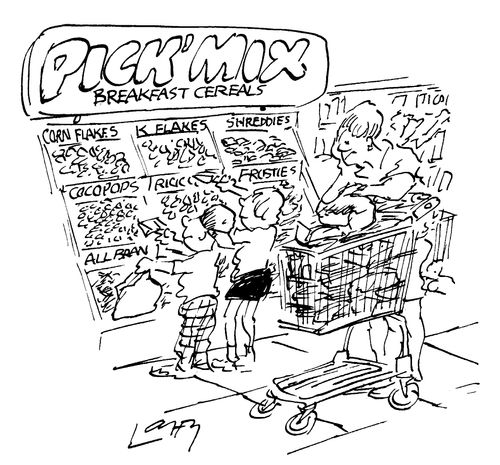 Bored mother awaiting her kids to 'Pickn'Mix' their breakfast cereals in a supermarket