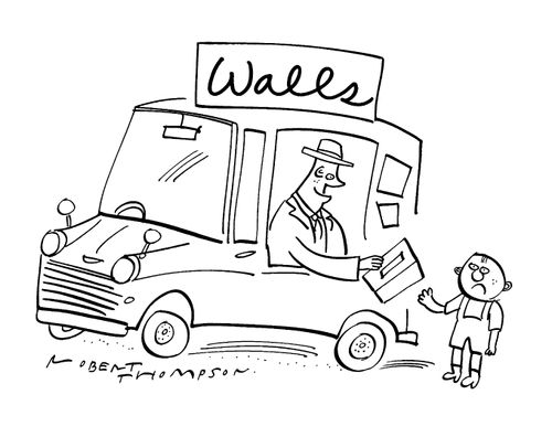 Man in a 'Walls' van giving a disappointed child a brick