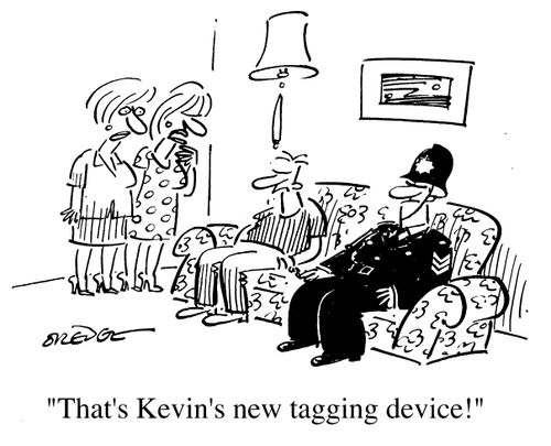 Boy with policeman - "That's Kevin's new tagging device!"