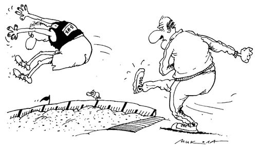 Long jumper doing well because his trainer kicked him over the line