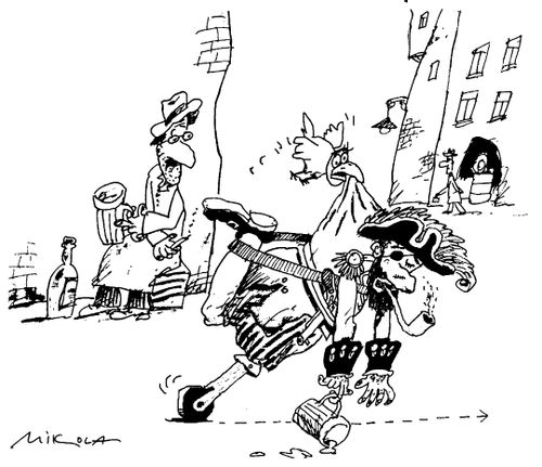 Drunk pirate with a wheel on the bottom of his peg leg being wheeled home by his parrot
