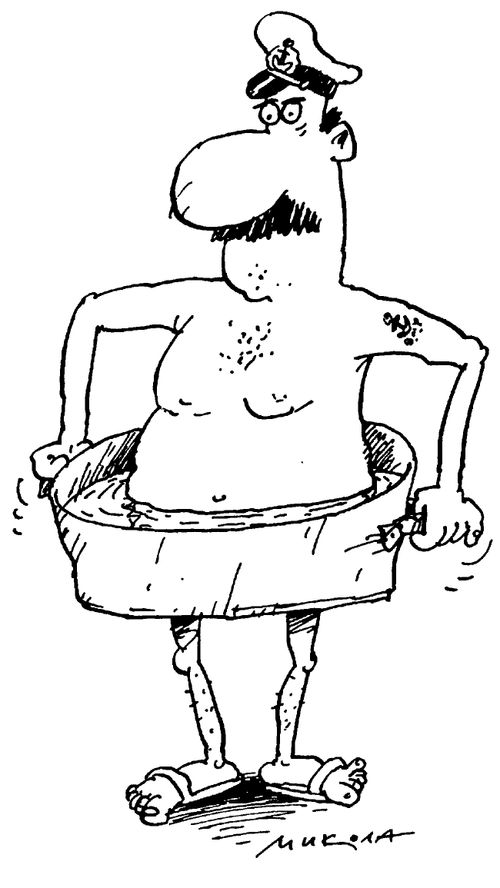 Naked sailor holding a water filled barrel around his waist