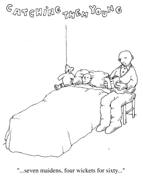 'Catching them young' Man reading to child in bed '...seven maidens, four wickets for sixty...'