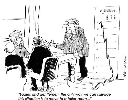 'Ladies and gentlemen, the only way we can salvage this situation is to move to a taller room...'