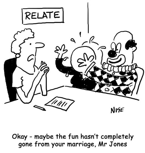 Relate - man acts the clown to show fun still in marriage