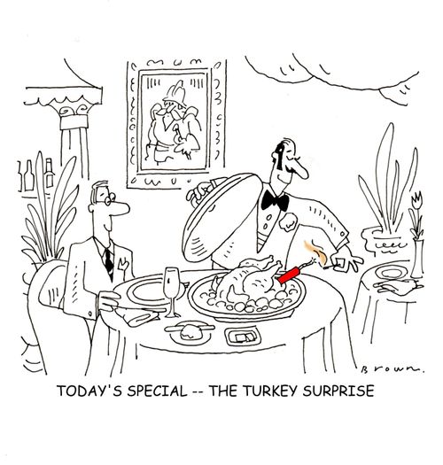 Waiter is about to give diner the Turkey Surprise dinner.