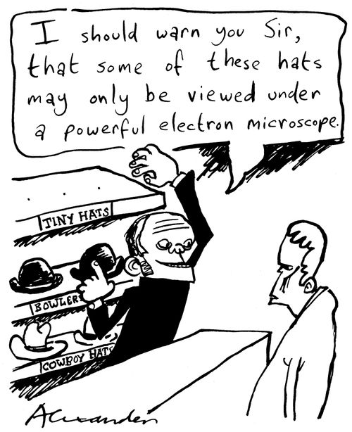 "I should warn you Sir, that some of these hats may only be viewed under a powerful electron microscope."
