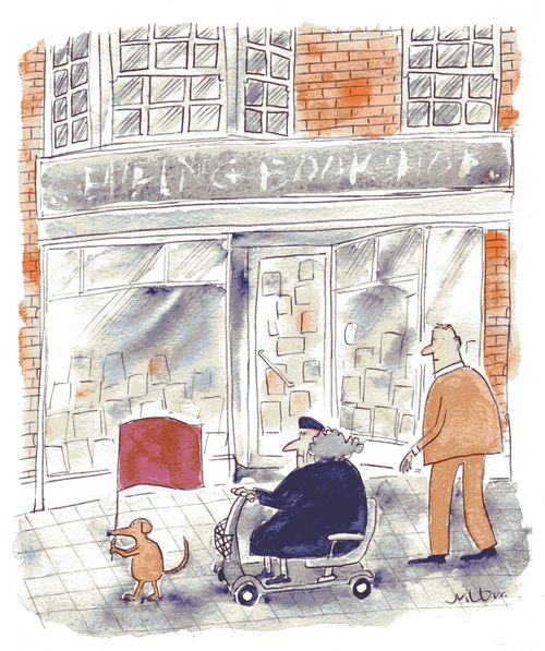 'Dog alerts pedestrians to old woman in mobility cart.' 