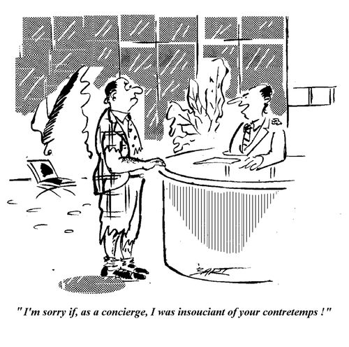"I'm sorry, if, as a concierge, I was insouciant of your contretemps!"