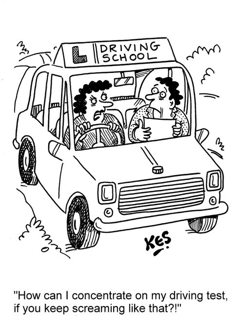 'How can I concentrate on my driving test, if you keep screaming like that?!'
