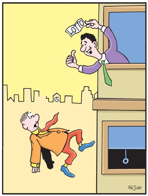 Man jumping off a building while another leans out telling him he has won the lotto.