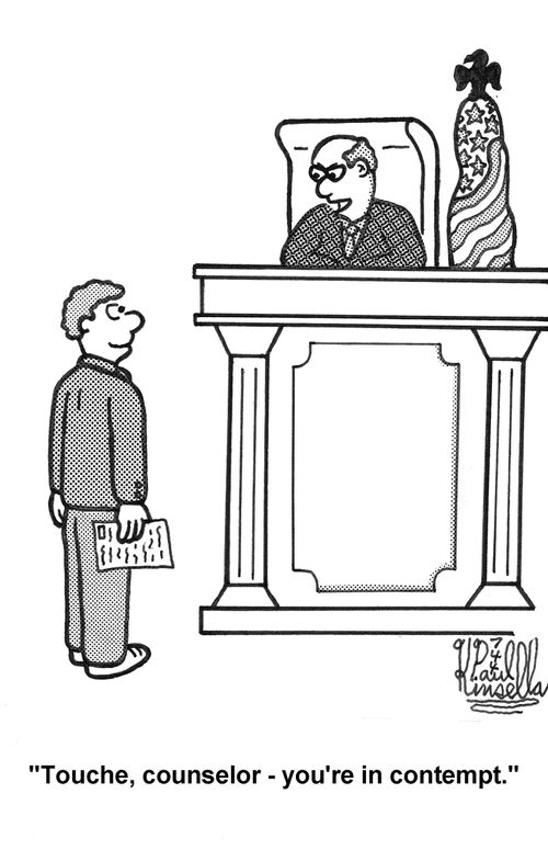 'Touche, counselor - you're in contempt.' (judge and lawyer in courtroom)