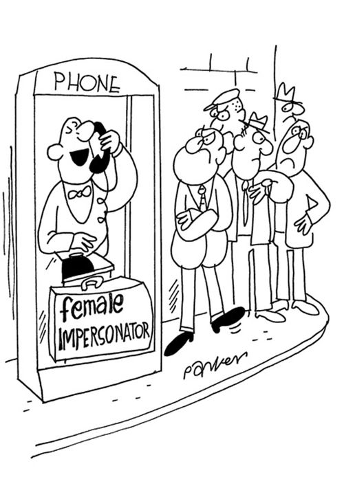 Female impersonator in phone booth.