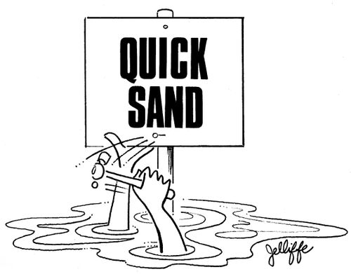 Drowning man in liquid quick sand puts up warning notice.