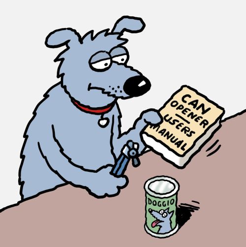 A dog unable to open a can of dog food, holding a user's manual. 