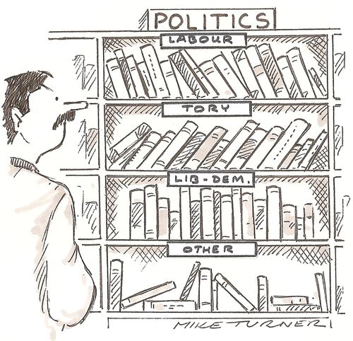 Political Leanings of Labour, the Tories, the Lib Dems and Independents as demonstrated on a bookcase.